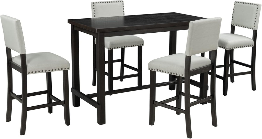 Merax 5 Pieces Counter Height Dining Set, Elegant Wooden Desk and 4 Upholstered Chairs, Perfect for Kitchen, Breakfast Nook, Bar, Living Room