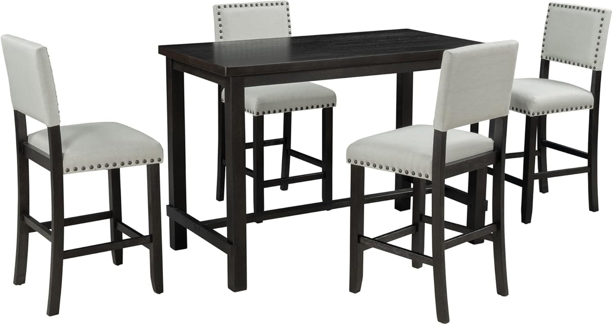 Merax 5 Pieces Counter Height Dining Set, Elegant Wooden Desk and 4 Upholstered Chairs, Perfect for Kitchen, Breakfast Nook, Bar, Living Room