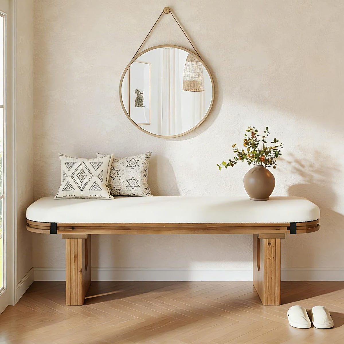 LITTLE TREE Solid Wood Bench, 47.24" End of Bed Bench, Entryway Bench with Upholstered for Hallway, Living Room, Bedroom, Kitchen