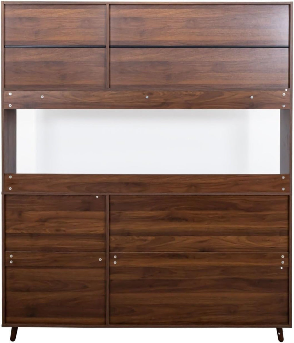 Kitchen Pantry Cabinet with Hutch, 4 Drawers, Glass Doors, Adjustable Shelves, and Open Storage, Freestanding Sideboard for Dining Room or Living Room
