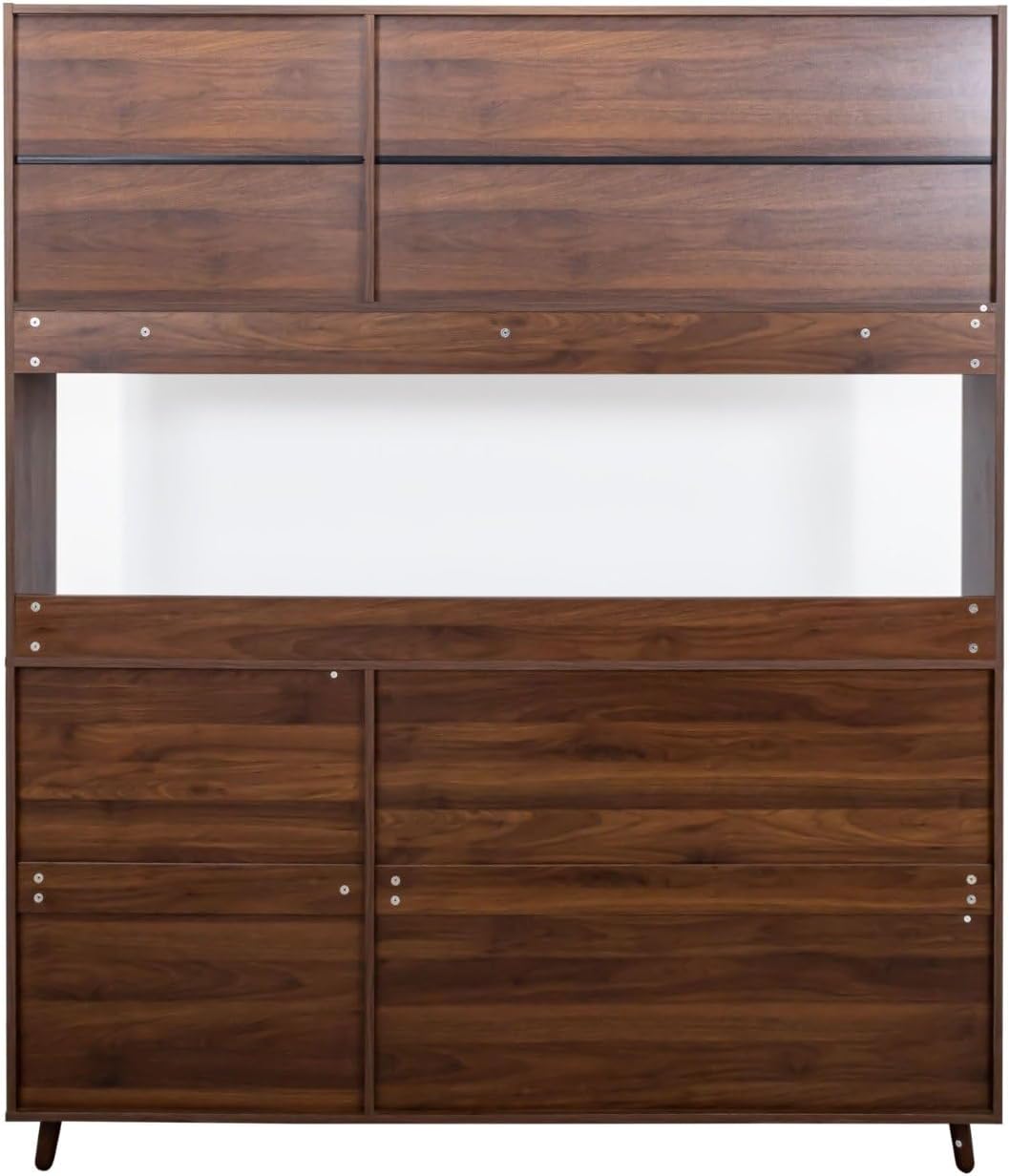 Kitchen Pantry Cabinet with Hutch, 4 Drawers, Glass Doors, Adjustable Shelves, and Open Storage, Freestanding Sideboard for Dining Room or Living Room