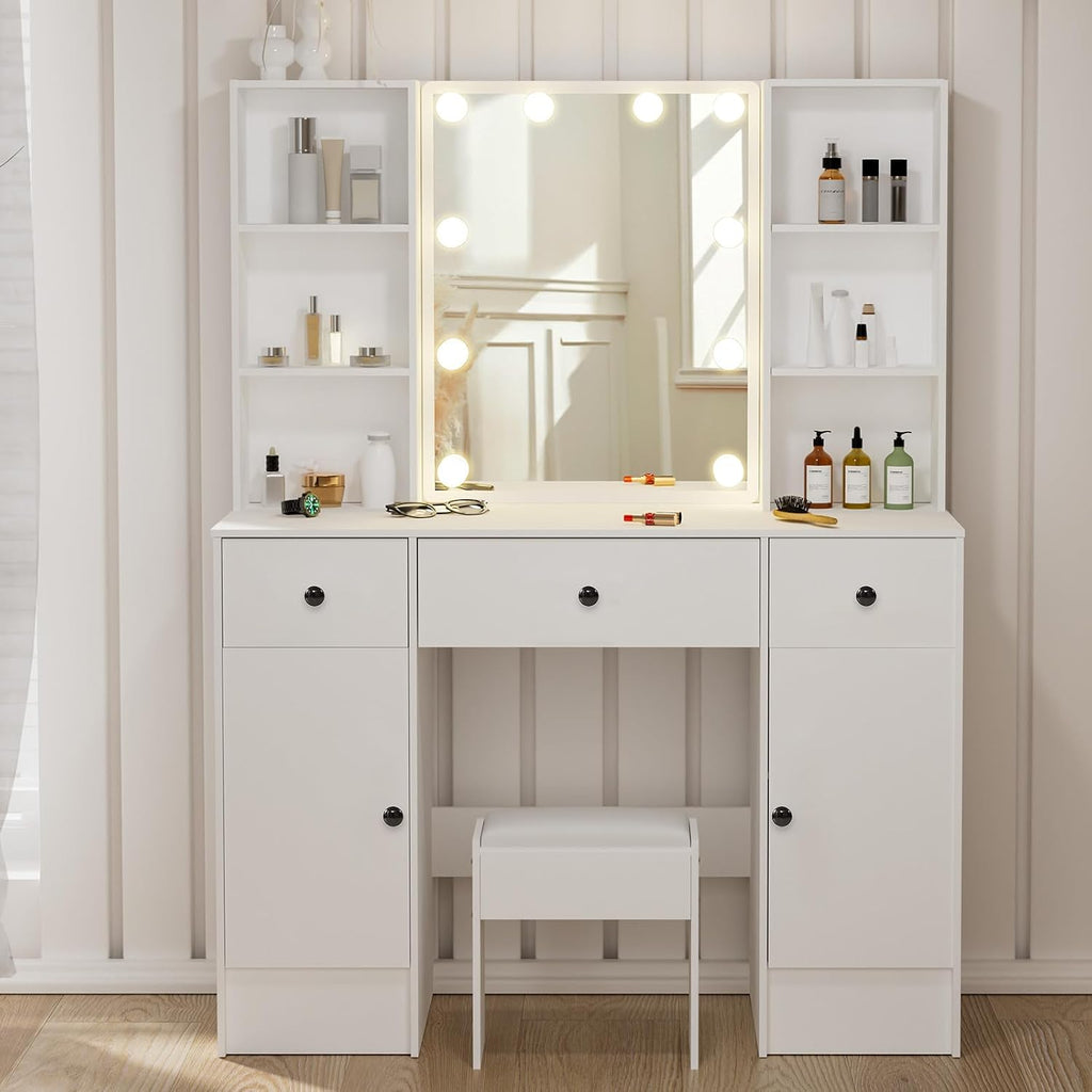 White Dressing Table with Mirror and Lights, Makeup Vanity Desk with 3 Drawers & 2 Large Cabinet, Large HD Mirror, 3 Color Modes & Adjustable Brightness, Modern