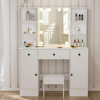 White Dressing Table with Mirror and Lights, Makeup Vanity Desk with 3 Drawers & 2 Large Cabinet, Large HD Mirror, 3 Color Modes & Adjustable Brightness, Modern