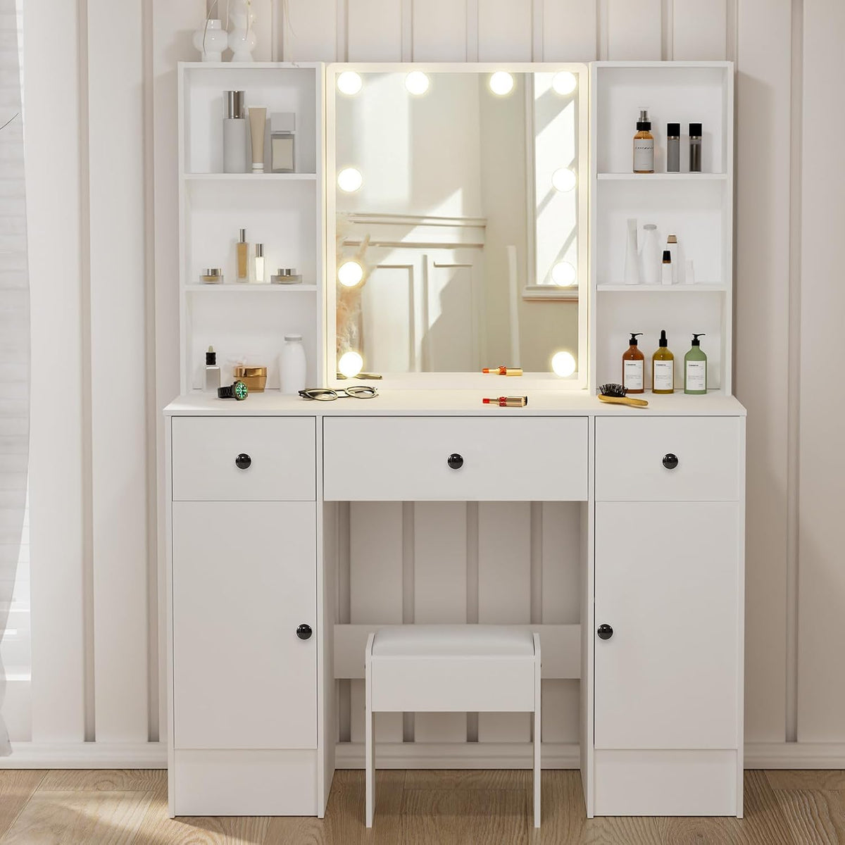 White Dressing Table with Mirror and Lights, Makeup Vanity Desk with 3 Drawers & 2 Large Cabinet, Large HD Mirror, 3 Color Modes & Adjustable Brightness, Modern