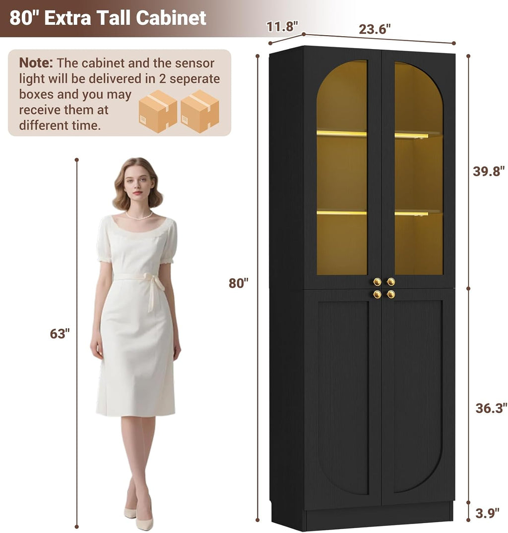 Cyclysio 80" Kitchen Pantry with 3 Motion Sensor Lights, Tall Arch Storage Cabinet with Tempered Glass Doors, Wood Floor Cupboard with Baseboard Cutout for Dining Room, Living Room, Bathroom