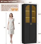 Cyclysio 80" Kitchen Pantry with 3 Motion Sensor Lights, Tall Arch Storage Cabinet with Tempered Glass Doors, Wood Floor Cupboard with Baseboard Cutout for Dining Room, Living Room, Bathroom