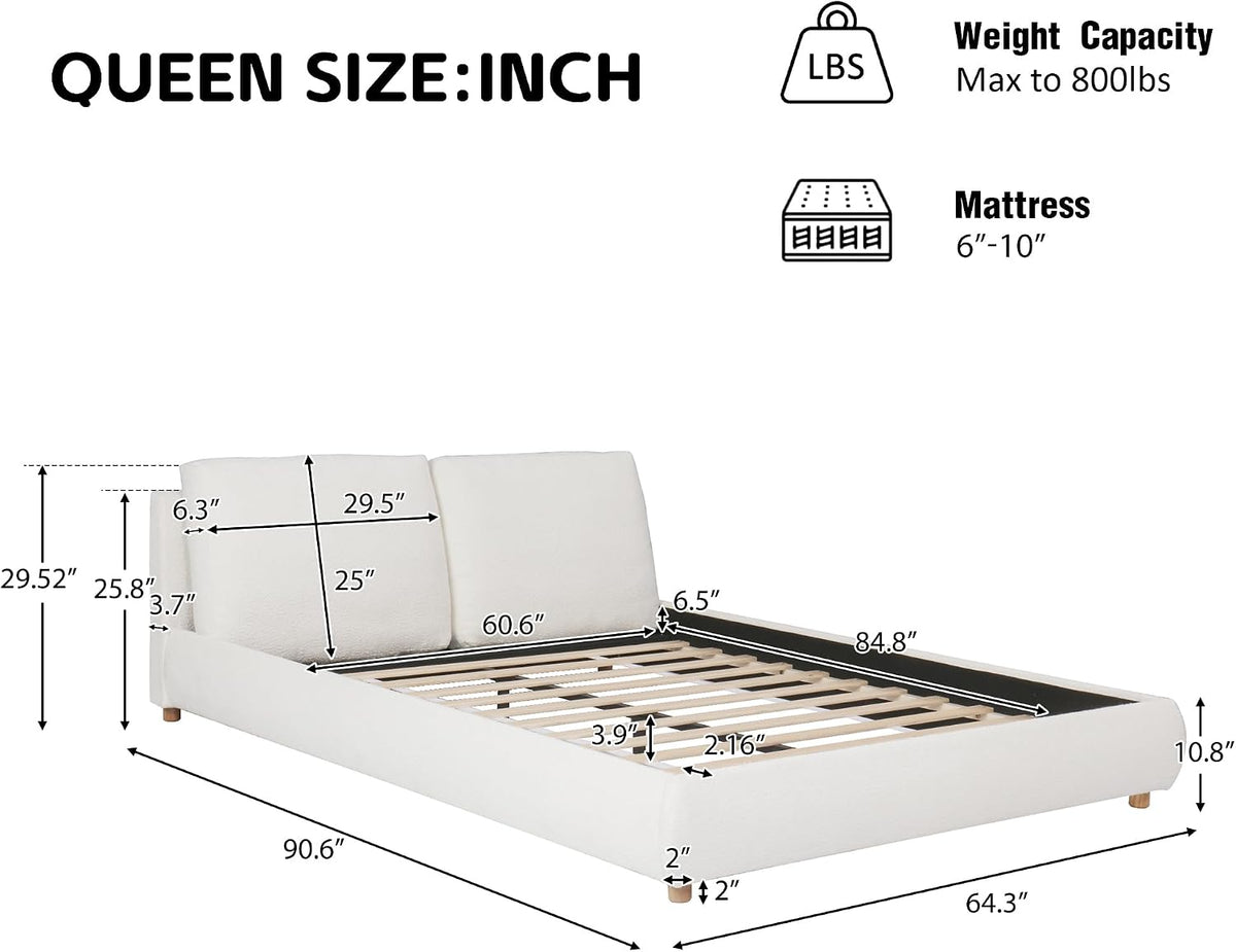 Christopher Knight Home Hazel Queen Size Bed Frame, Upholstered Platform Bed, Soft Boucle Queen Headboard, Removable Pillows Headboard, Wood Slats Support, No Box Spring Needed, Easy Assembly, White