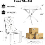 36" Luxury Glass Round Dining Table Set with 4 Velvet& PU Leather Upholstered Dining Chairs, Wooden Legs, Glass Table Top with Black Crossed Metal Legs(Black&Gray)