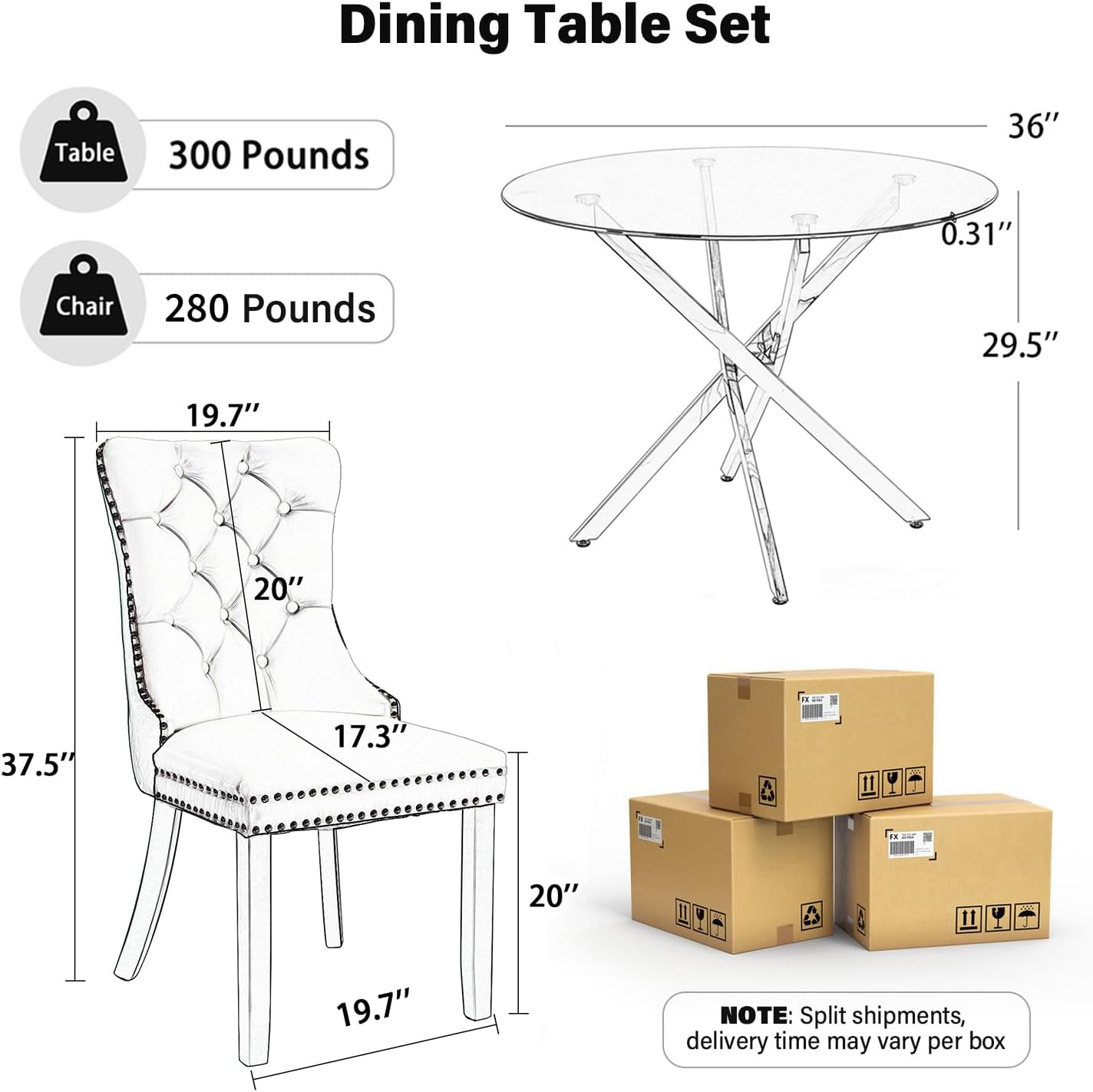 36" Luxury Glass Round Dining Table Set with 4 Velvet& PU Leather Upholstered Dining Chairs, Wooden Legs, Glass Table Top with Black Crossed Metal Legs(Black&Gray)