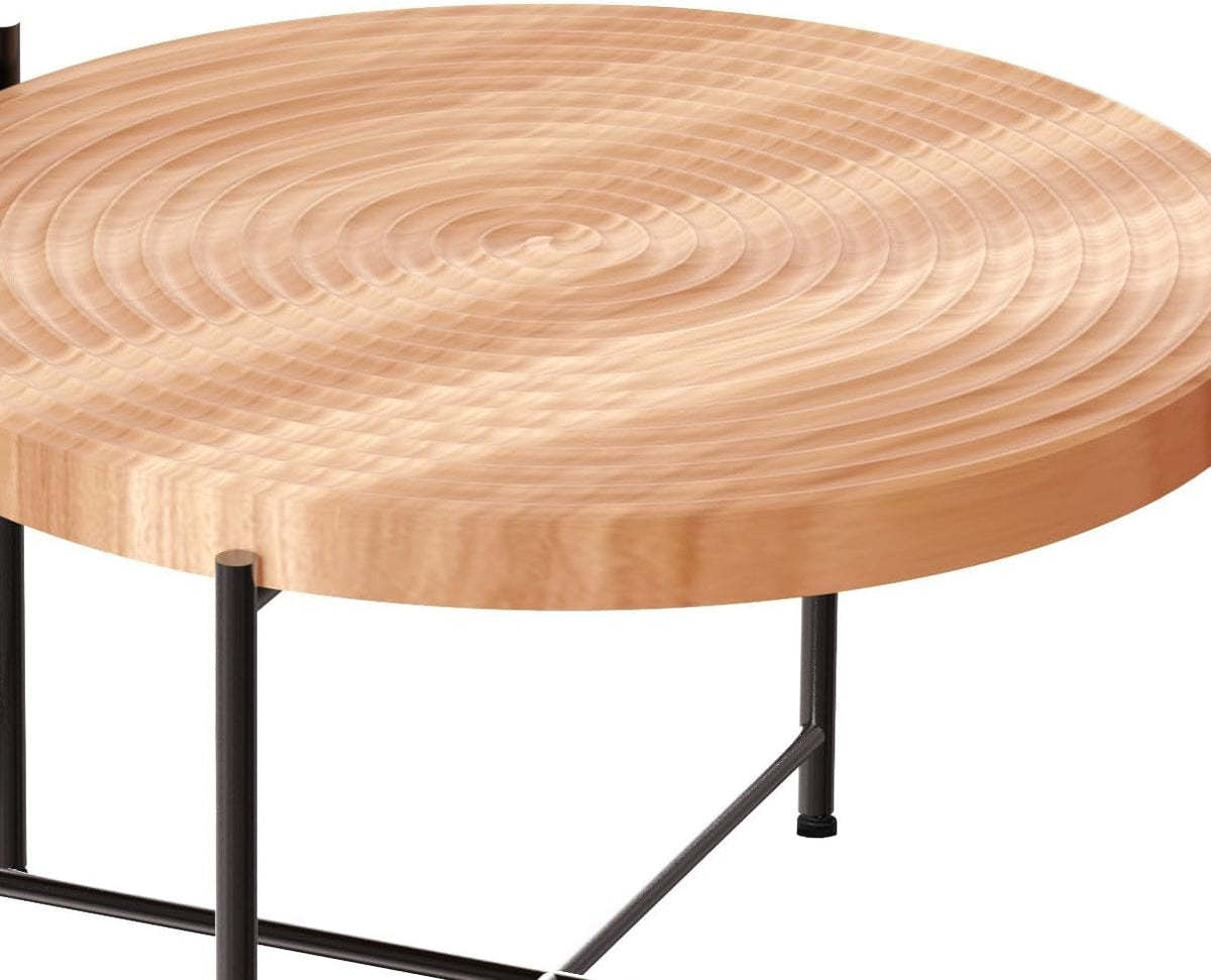 Coffee Table Set, End Table, MDF Living Room Tables with PVC Cover, Cylindrical Design, Black Metal Legs, Red Cedar-Brown, 2-Piece