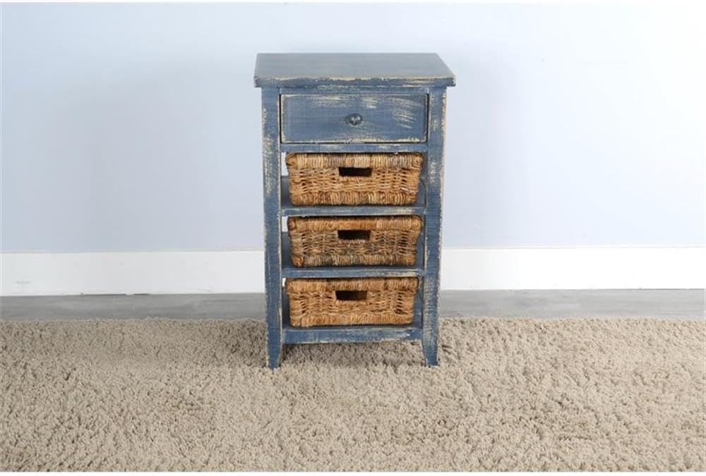 Pemberly Row Solid Wood End Table, Ocean Blue Finish, Rough Sawn Mahogany, Storage Drawer, 3 Removable Woven Baskets, Contemporary Accent Table for Living Room, Kitchen, or Bathroom Use