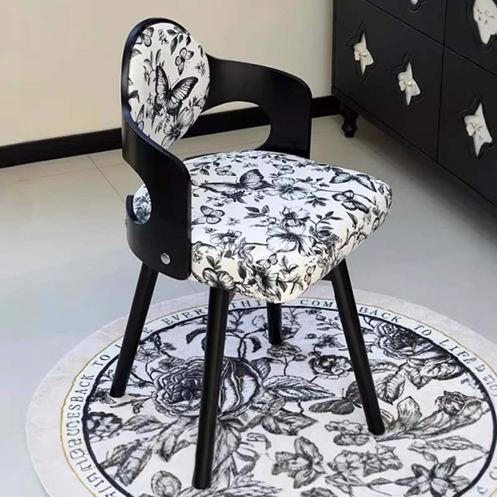 Etlegor Retro Wood Swivel Vanity Chair with Back, Square Makeup Chair, Upholstered Accent Armchair Solid Wooden Chair Legs for Home/Office/Bedroom(Black-A)