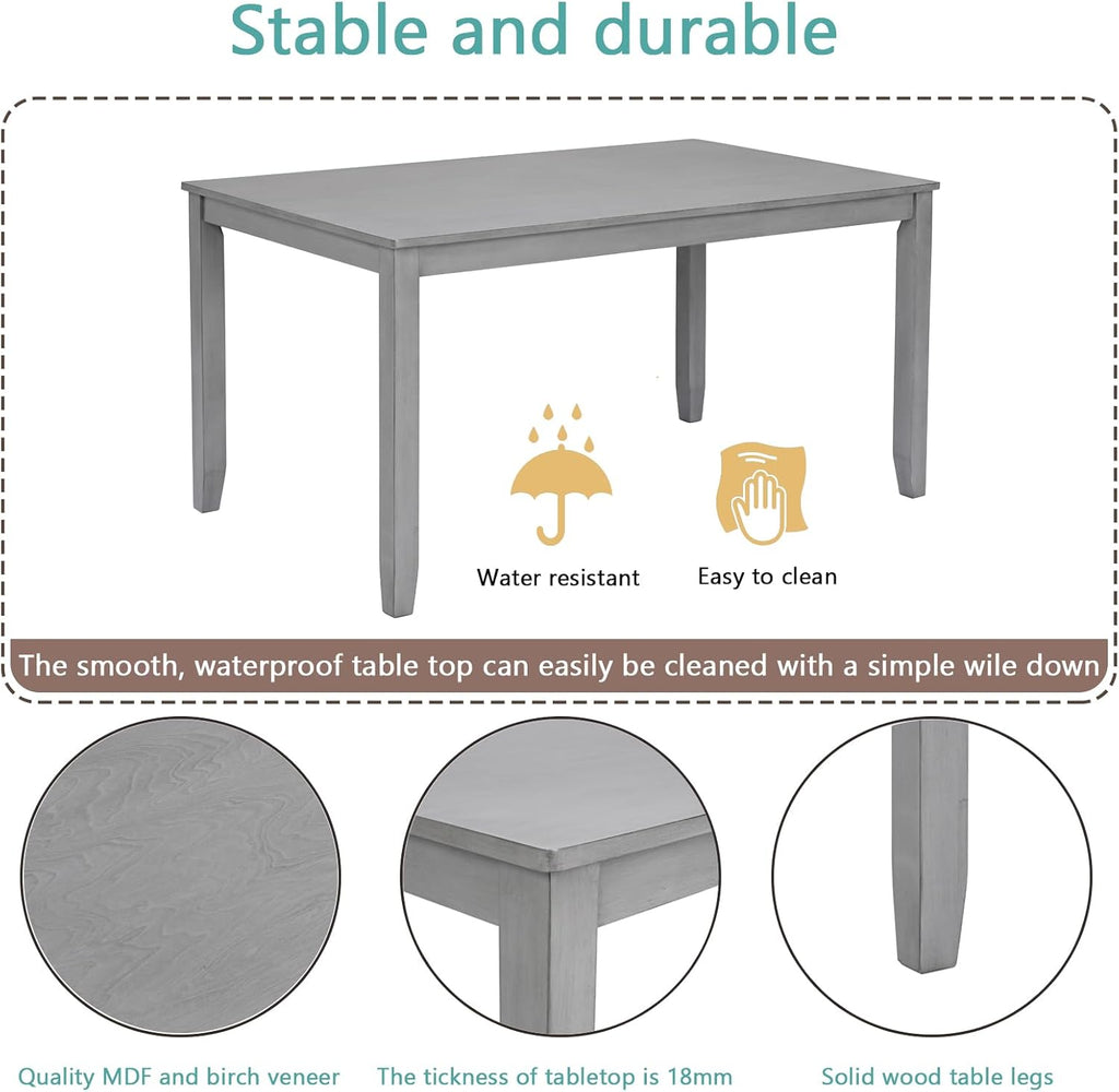 KEIKI 6-Piece Standard Height Dining Table Set with Rectangular Table, 4 Upholstered Slatted Backrset Chair, Bench, for 6 Person, Modern Style Table Set, Easy Assembly, for Kitchen, Dining Room, Gray