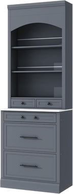 Modern 83.7inch High Kitchen Pantry Storage Cabine, Freestanding Tall Kitchen Hutch with Faux Marble Top, Display Cupboard Cabinet with 5 Storage Drawers and Adjustable Shelf, Gray