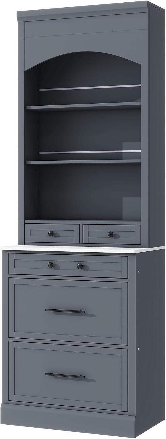Modern 83.7-inch High Kitchen Pantry Freestanding Tall Hutch with Faux Marble Top, Display Cupboard Cabinet Featuring 5 Storage Drawers and Adjustable Shelf for Efficient Organization (Gray)