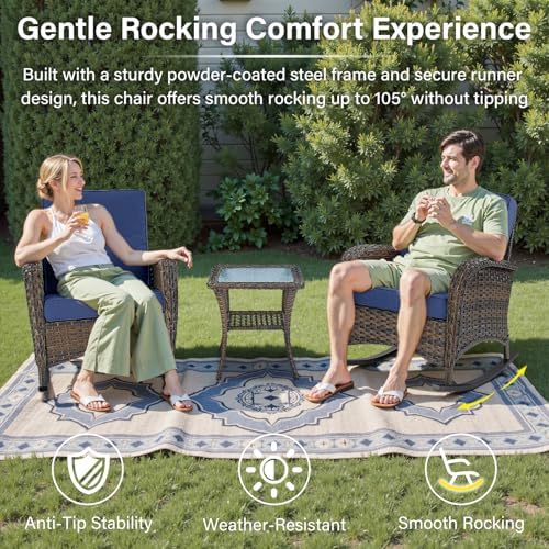 Belord Patio Rocking Chair Wicker Chair, 1 Piece Outdoor Rocking Chair Seating with Cushions for Porch Deck Balcony, Brown/Blue