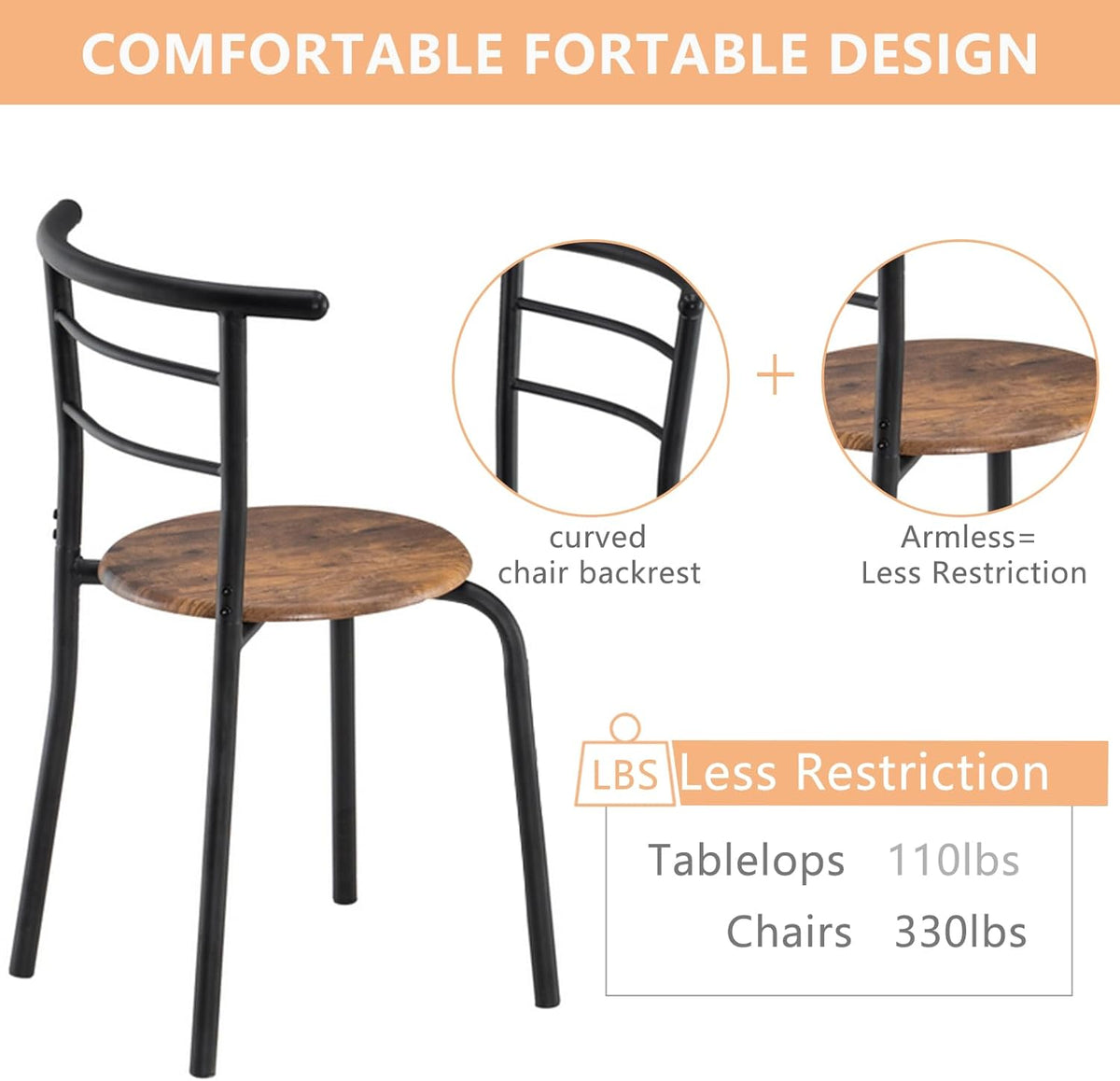 VINGLI 3 Piece Dining Set, Small Kitchen Table Set for 2, Breakfast Table Set, Kitchen Wooden Table with 2 Chairs for Small Space/Dining Room/Apartment, Metal Frame, Wine Rack, Burnt Brown