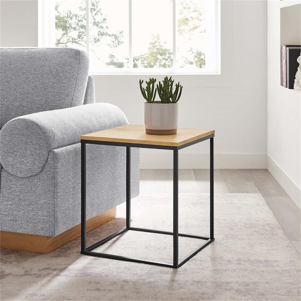 Pemberly Row Contemporary Square Wood and Metal Side Table, Solid Mango Wood Top, Powder-Coated Metal Frame, Oak Finish, 16.1 x 16.1 x 18.5 in, Non-Marking Floor Glides, Modern Accent Table for