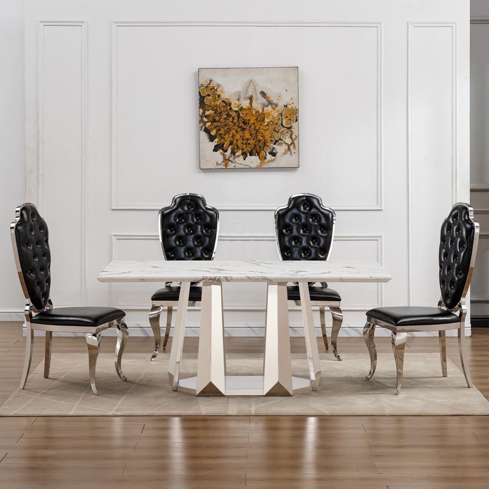 Luxury Rectangle Faux Marble 70" White Dining Table for 6-8 People, Modern Large Kitchen Table with Silver Mirrored Stainless Steel Leg Base, Dining Table for Dining/Living Room, Office (One Table)