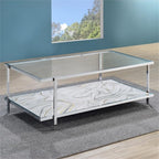 Pemberly Row Contemporary 3-Piece Coffee & End Table Set, Engineered Wood and Chrome, Tempered Glass Tops, Faux-Stone Pattern, Living Room Furniture Set with Storage Shelves
