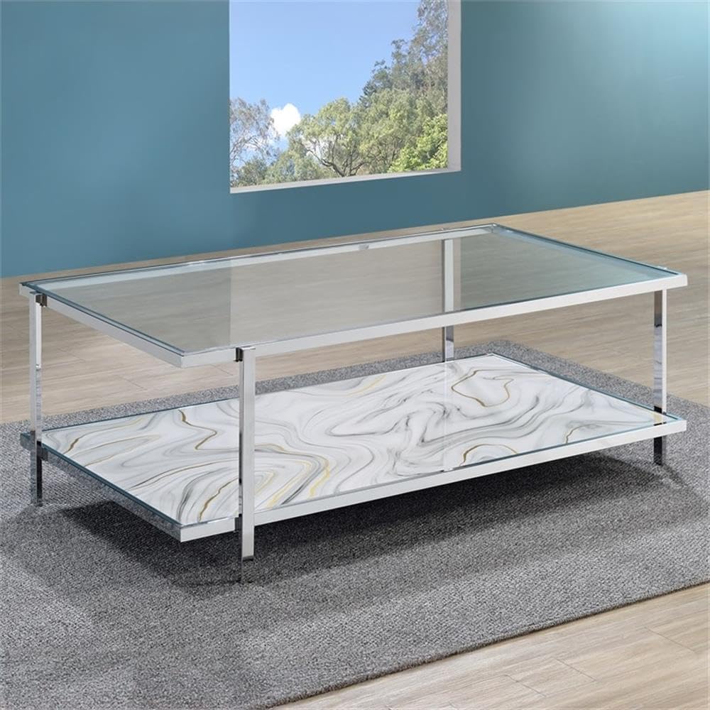 Pemberly Row Contemporary 3-Piece Coffee & End Table Set, Engineered Wood and Chrome, Tempered Glass Tops, Faux-Stone Pattern, Living Room Furniture Set with Storage Shelves