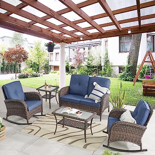 Belord Patio Rocking Chair Wicker Chair, 1 Piece Outdoor Rocking Chair Seating with Cushions for Porch Deck Balcony, Brown/Blue