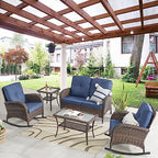Belord Patio Rocking Chair Wicker Chair, 1 Piece Outdoor Rocking Chair Seating with Cushions for Porch Deck Balcony, Brown/Blue