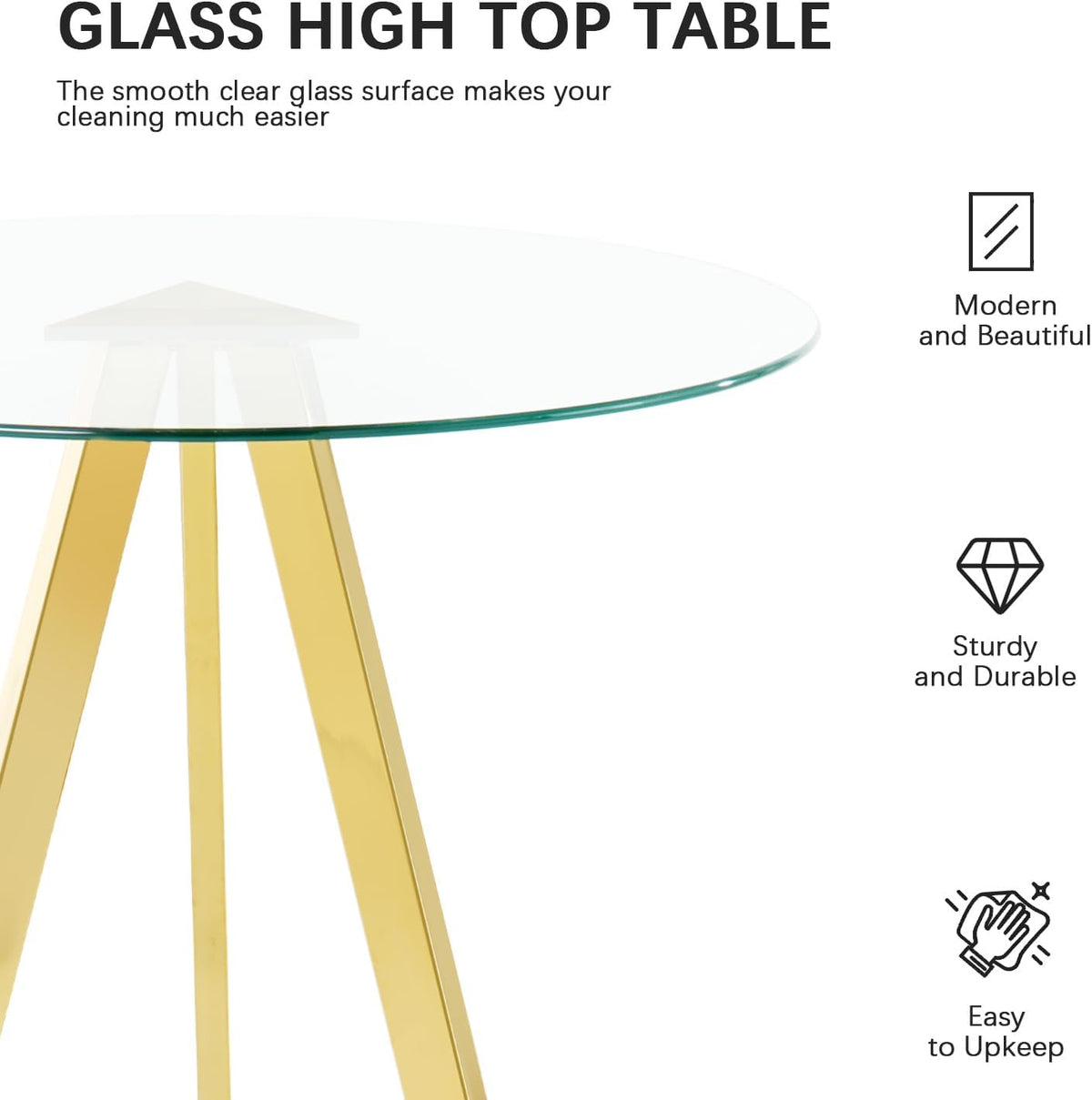 31.5'' Glass Round Bar Table with Stools Set for 2, Modern High Top Pub Table & 2 Adjustable Metal Bar Stool Velvet Swivel Counter Height Bars Chairs (Gold Metal Legs, Clear Top + Beige Chair)
