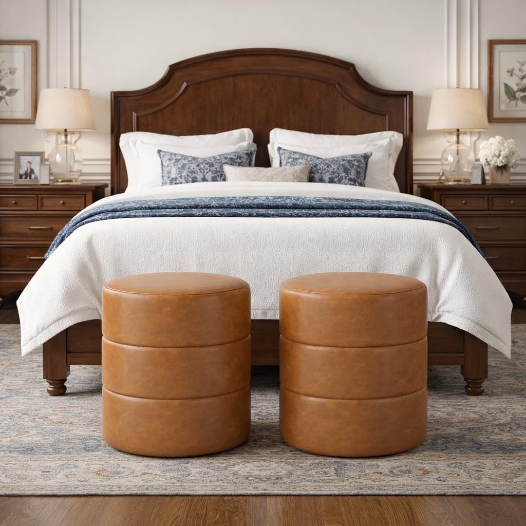 Spatial Order Upholstered Faux Leather Round Ottoman (No Lid, Seat Only) | Spatial Order Home Décor | Foot Rest Pouf – Camel Brown