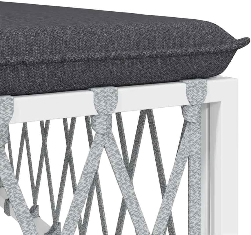 Patio Footstool with Cushion, White Woven Fabric Ottoman, Powder-Coated Steel Frame, Thickly Padded Seat for Garden Relaxation