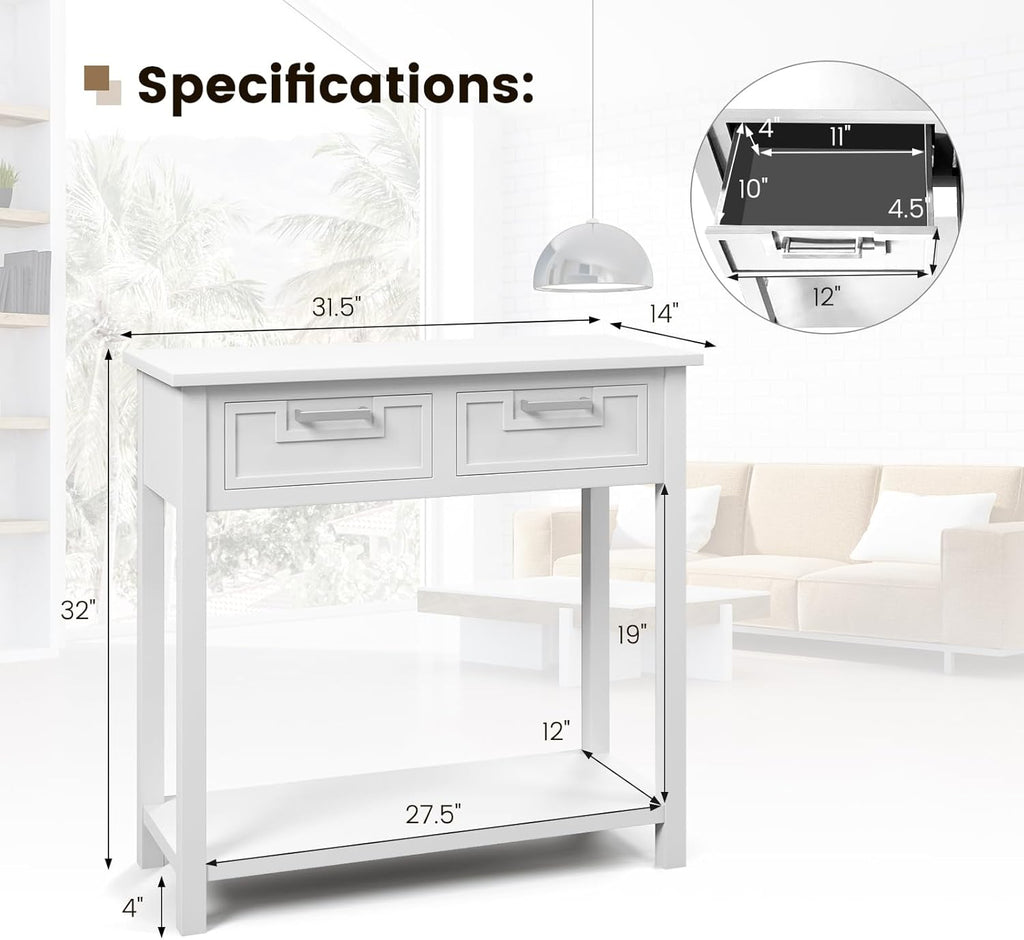 GOFLAME Small Console Table with 2 Drawers, 31” Entry Table with Storage Shelf, Modern, Narrow Sofa Table for Living Room, Hallway, Entrance (White)