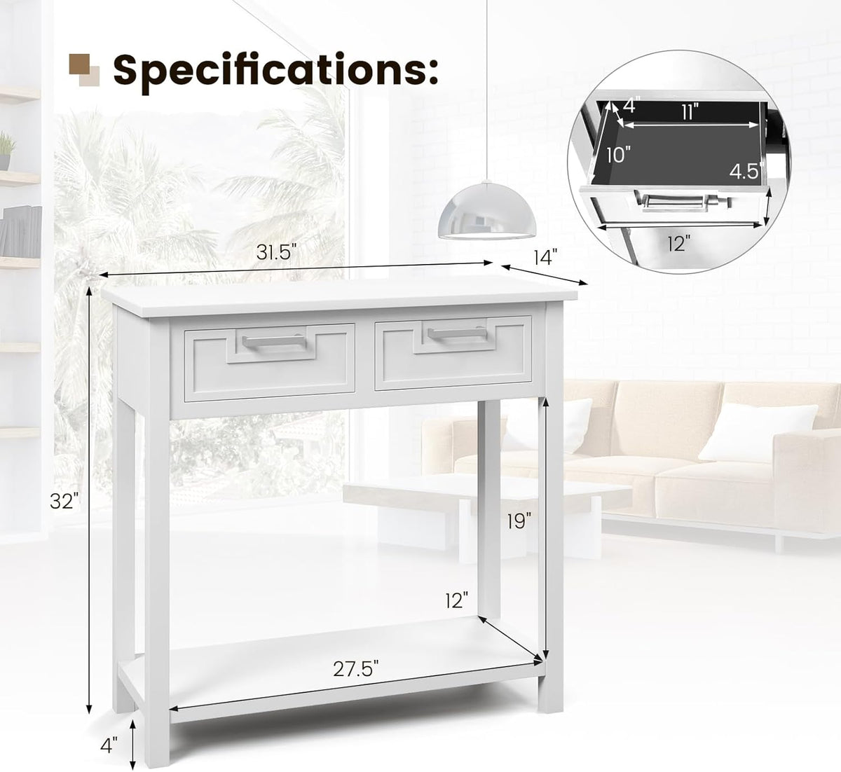 GOFLAME Small Console Table with 2 Drawers, 31” Entry Table with Storage Shelf, Modern, Narrow Sofa Table for Living Room, Hallway, Entrance (White)