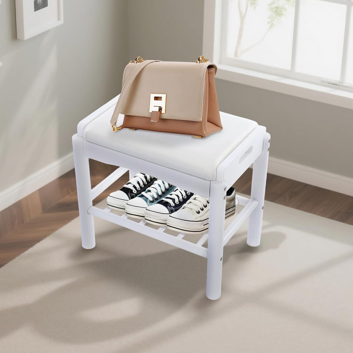 Shoe Bench with Cushion, 2-Tier Bamboo Shoe Rack Bench, Entryway Shoe Storage Organizer with Compartment, Wooden Shoe Storage Bench for Hallway, Living Room, Closet, Bedroom (White)