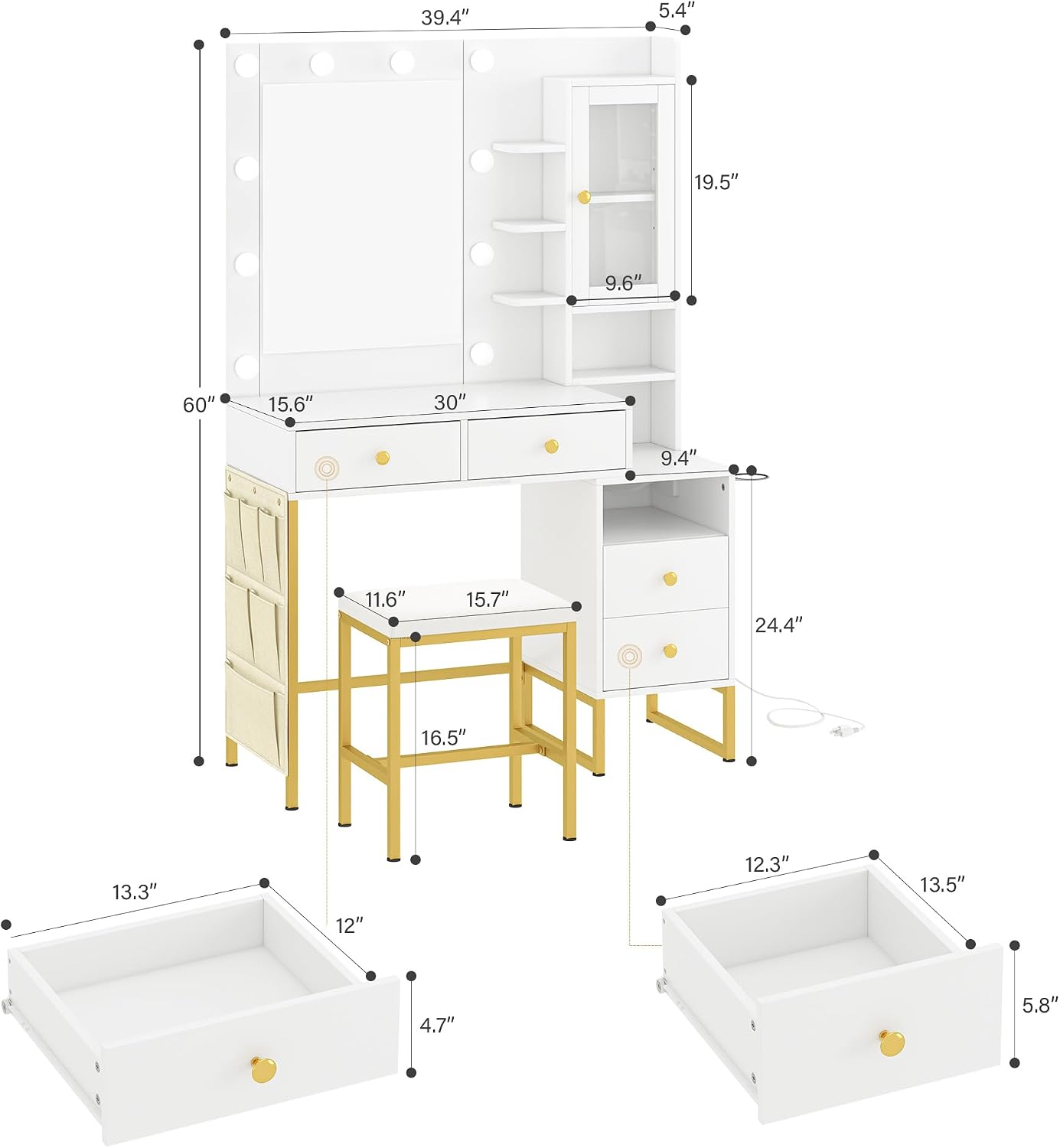 YIKEHOME Makeup Vanity Desk with Mirror Lights | LED Lights Power Outlet Vanity Table Set Large Drawers Charging Station Bedroom Dressing Room White