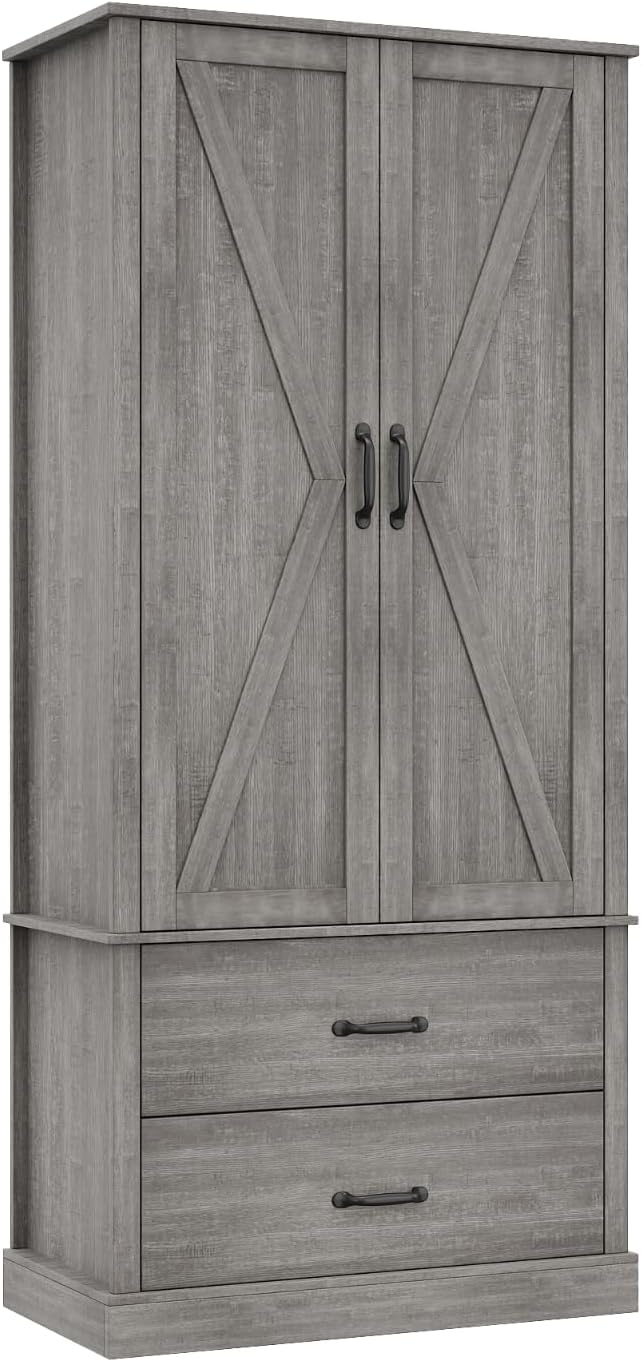 Takywep Freestanding Farmhouse Pantry Cabinet with Barn Doors, Adjustable Shelves & Large Drawers,Versatile Kitchen Storage Cupboard for Dining or Living Room,Pastoral Gray