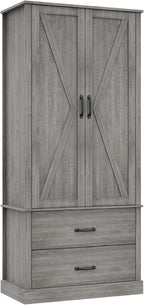65" Tall Kitchen Pantry Cabinet with Barn Doors, Drawers & Adjustable Shelf, Farmhouse Storage Cabinet with Doors and Shelves for Kitchen Pantry Storage Cabinet, Dining Room, Laundry & Entryway, Grey