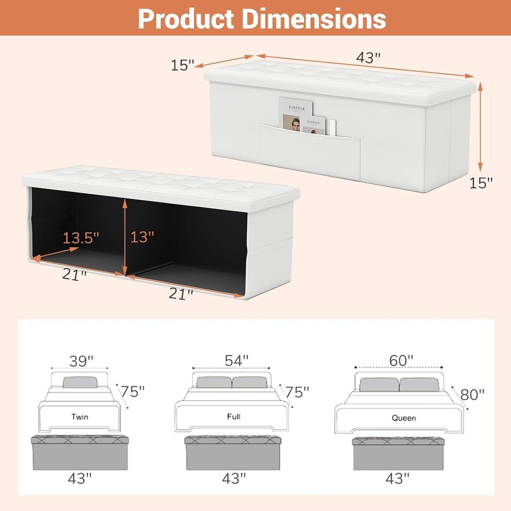 43 Inches Folding Storage Ottoman Bench, Foldable Foot Rest Stool End of Bed Bench with Side Pocket, Storage Chest for Living Room, Entryway & Bedroom (White)