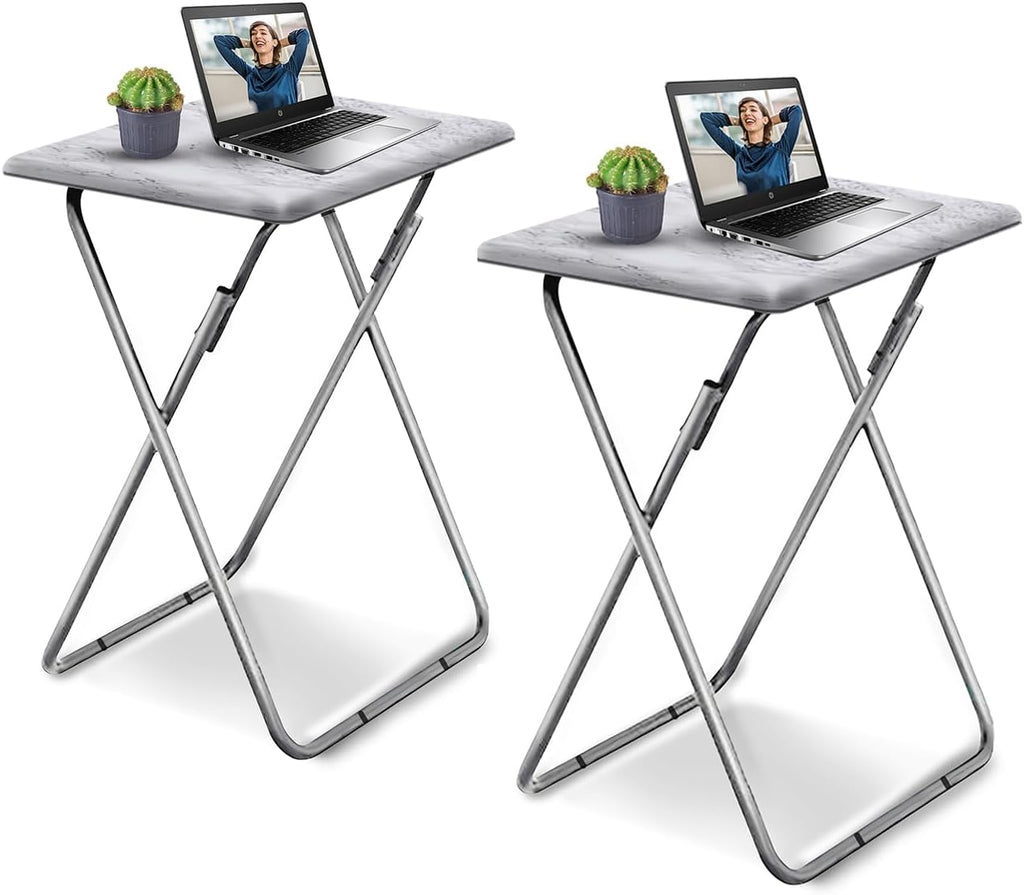 Garden 4 You TV Tray Table, Folding Dinner Tray With No Assembly Required, Sturdy Foldable Snack Eating Table for Living Room, 2PCS (White Marble)