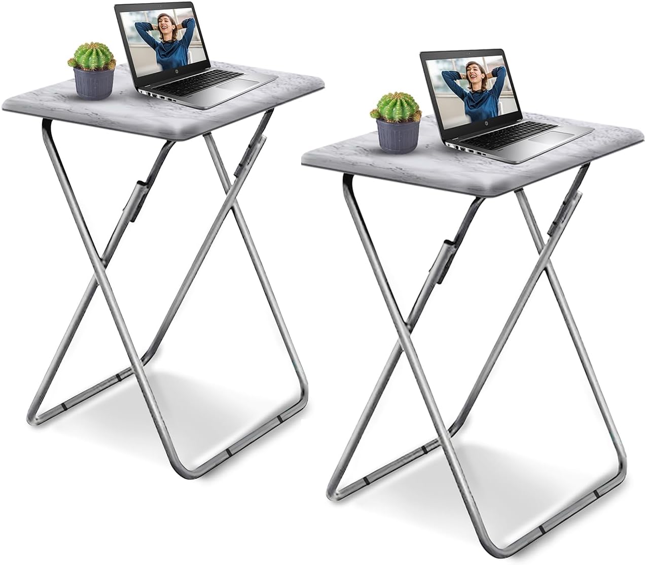Garden 4 You TV Tray Table, Folding Dinner Tray With No Assembly Required, Sturdy Foldable Snack Eating Table for Living Room, 2PCS (White Marble)