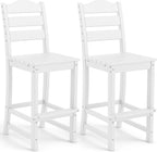 Tangkula Patio HDPE Barstool, Outdoor High Top Bar Chair w/Backrest & Footrest, All-Weather Wood-Plastic Bar Height Chair for Poolside, Backyard, Porch (2, White)