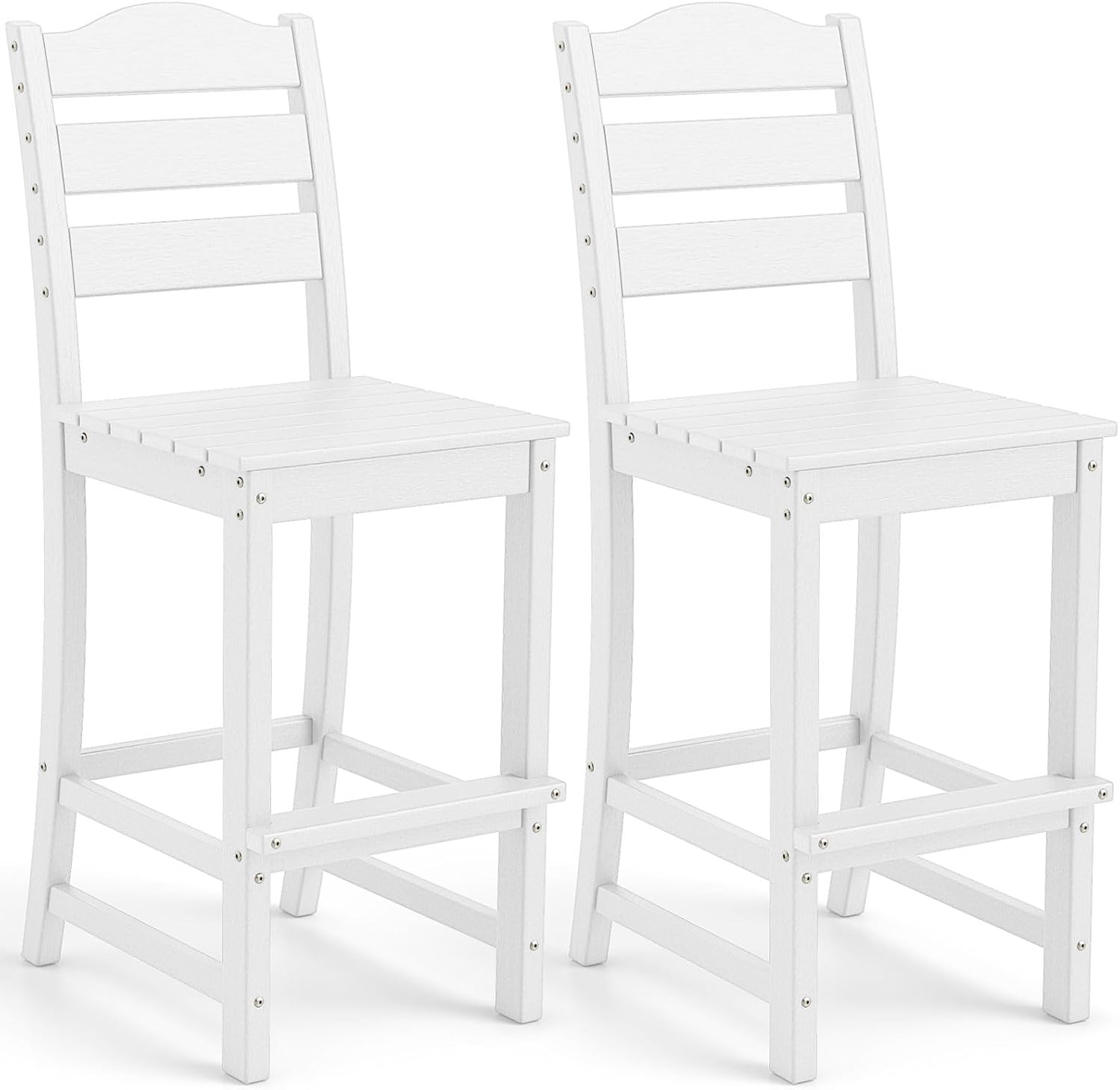 Tangkula Patio HDPE Barstool, Outdoor High Top Bar Chair w/Backrest & Footrest, All-Weather Wood-Plastic Bar Height Chair for Poolside, Backyard, Porch (2, White)