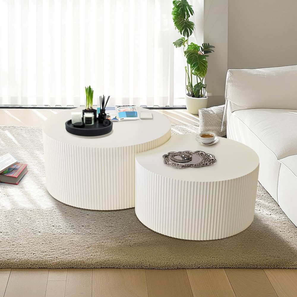 Brilluxa Nesting Coffee Table Set of 2, Vertical Stripe Design, Beige | Two-Piece Nesting Tables with Vertical Stripe Detailing for Living Rooms and Bedrooms