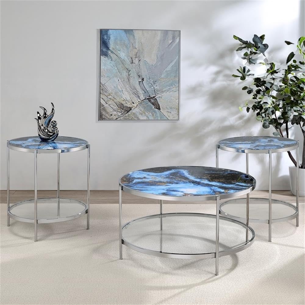 Pemberly Row 3-Piece Coffee & End Table Set, Engineered Wood, Blue Faux Marble & Glass, Chrome Frame, Contemporary Style Living Room Tables, Reversible Panels for Flexible Design