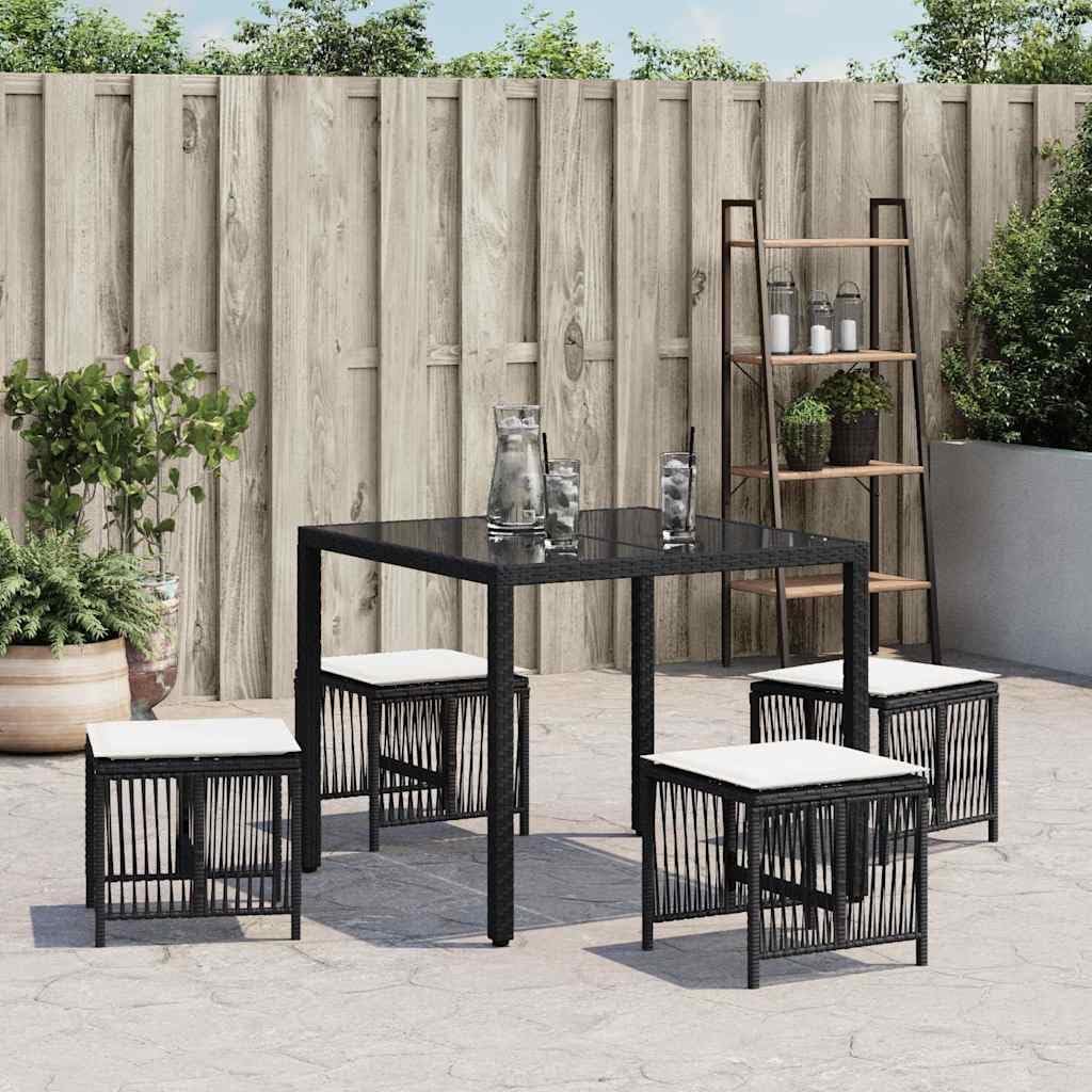 Set of 4 Poly Rattan Outdoor Stools with Removable Cushions, Black and Cream Patio Stool Set, Powder-Coated Steel Frame, 242.5 lbs Capacity for Adults