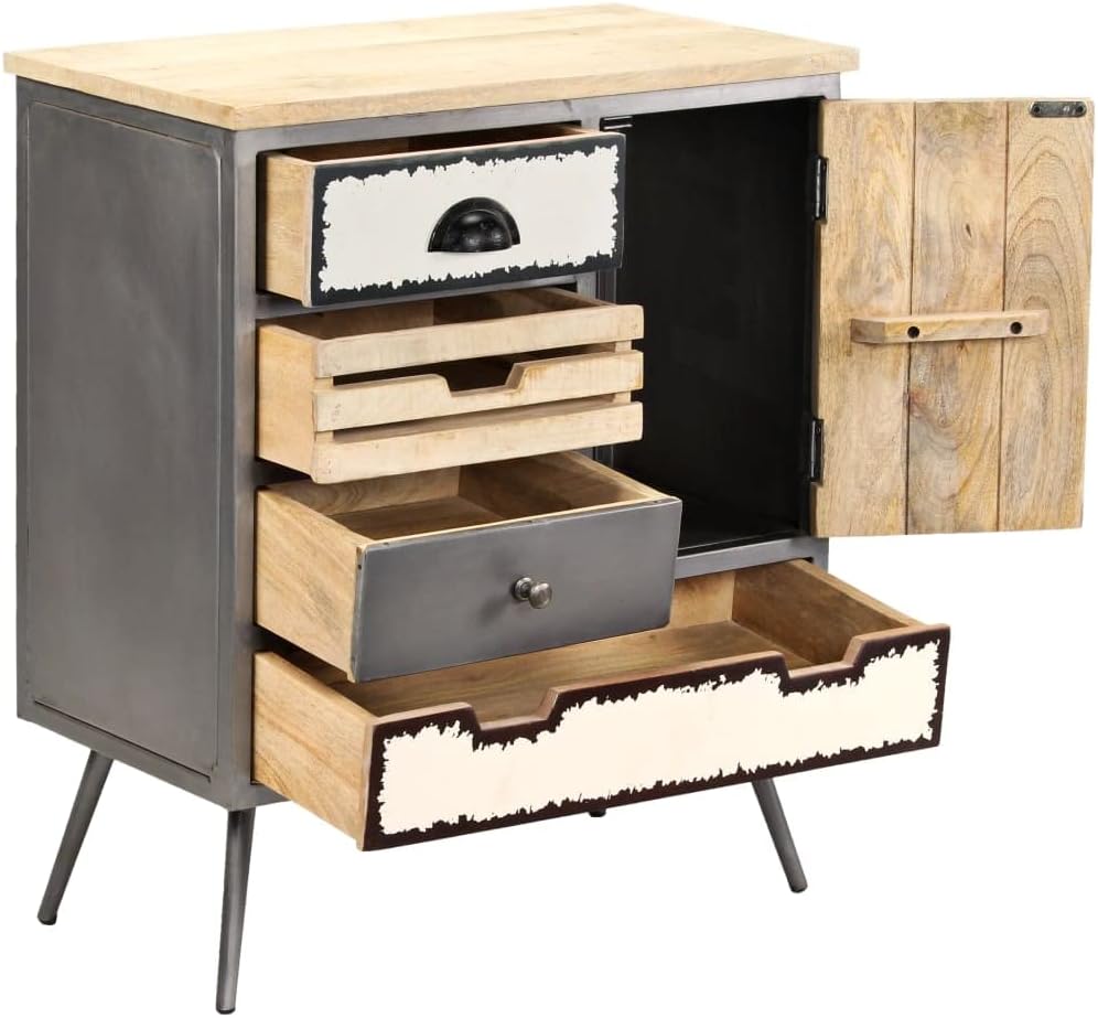 Mid-Century Modern Sideboard with Natural Mango Wood and Steel Accents, 4 Drawers and Spacious Cupboard for Living Room Dining Room Storage, Industrial Style Furniture
