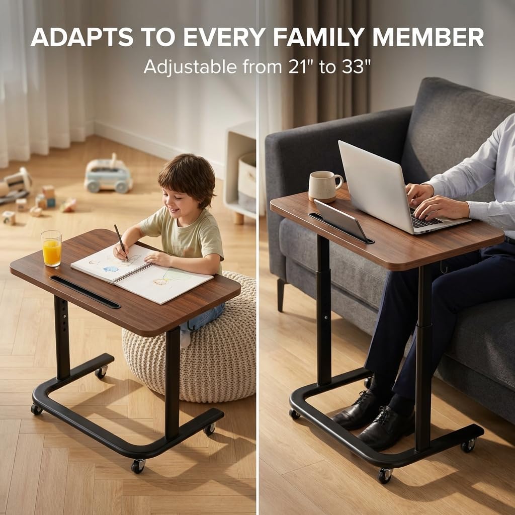 BUYIFY Height Adjustable TV Tray Table with Wheels for Couch or Sofa | Rolling TV dinner tray for eating on couch,bed,or recliner;height adjustable laptop desk for meals,snacks,and work Brown