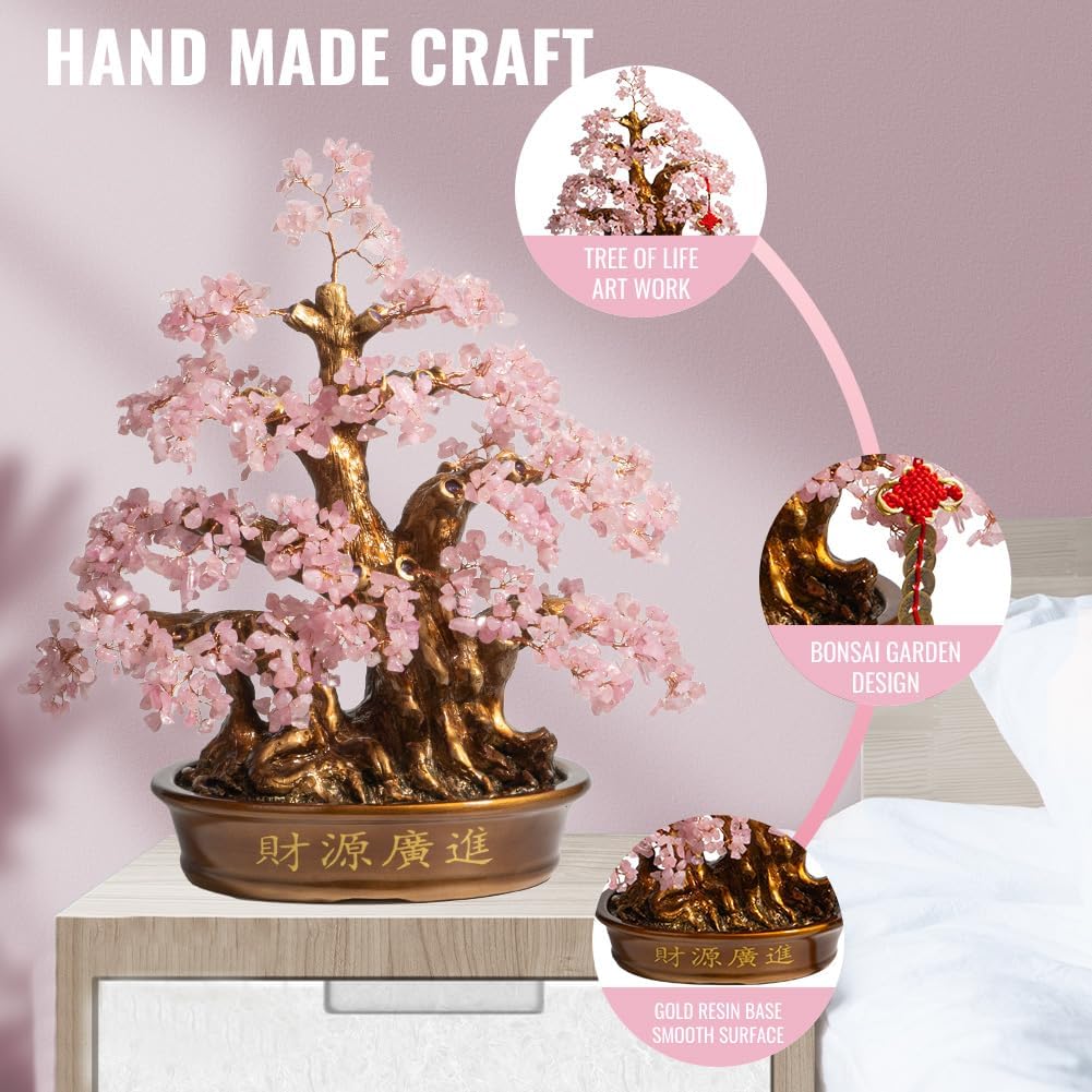 Natural Rose Quartz Tree Large,18" Chakra Crystal Tree(1,300 Gemstone Count) Healing Properties - Bonsai Feng Shui Money Tree for Love Self Care Home Office Decoration