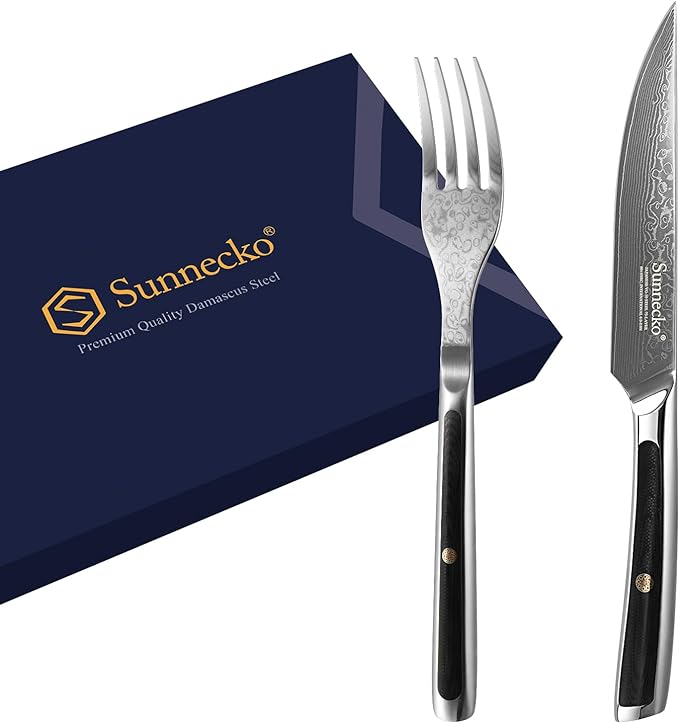 Sunnecko Damascus Steak Knife Set Non Serrated, Japanese VG10 Stainless Steel Steak Knife and Fork Set of 2, 5 Inch Steak Knives G10 Handle with Gift Box