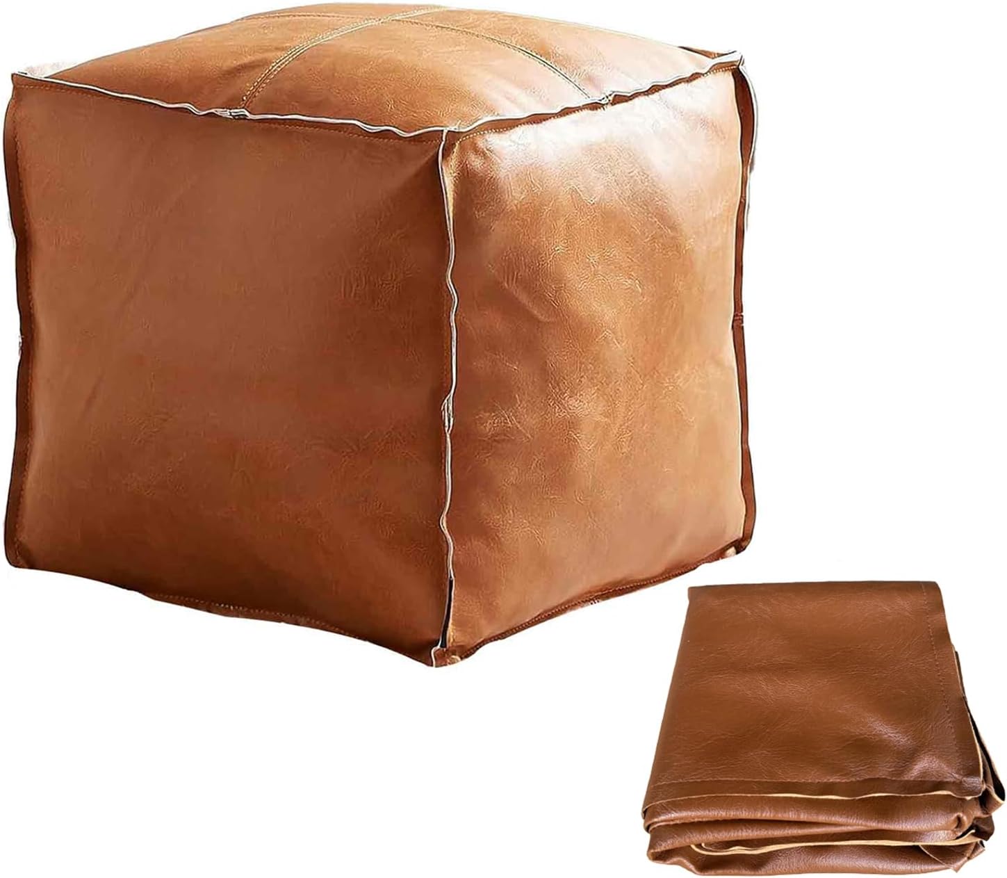 Unstuffed Faux Leather Square Pouf Ottoman Cover, Brown | DIY fillable cover with zipper, waterproof faux leather, reinforced seams, 17.7" × 17.7" × 15.7" when filled, no filler