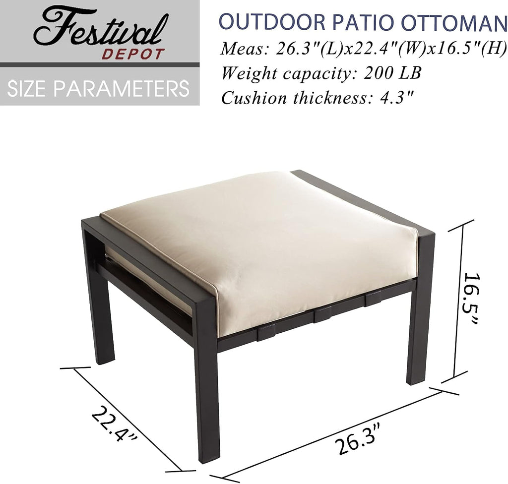 Festival Depot Outdoor Ottoman Patio Footstool with Cushion Small Seat Metal Furniture for Garden Yard Deck, Beige